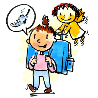 Kind mit Schulpack und Schutzengel